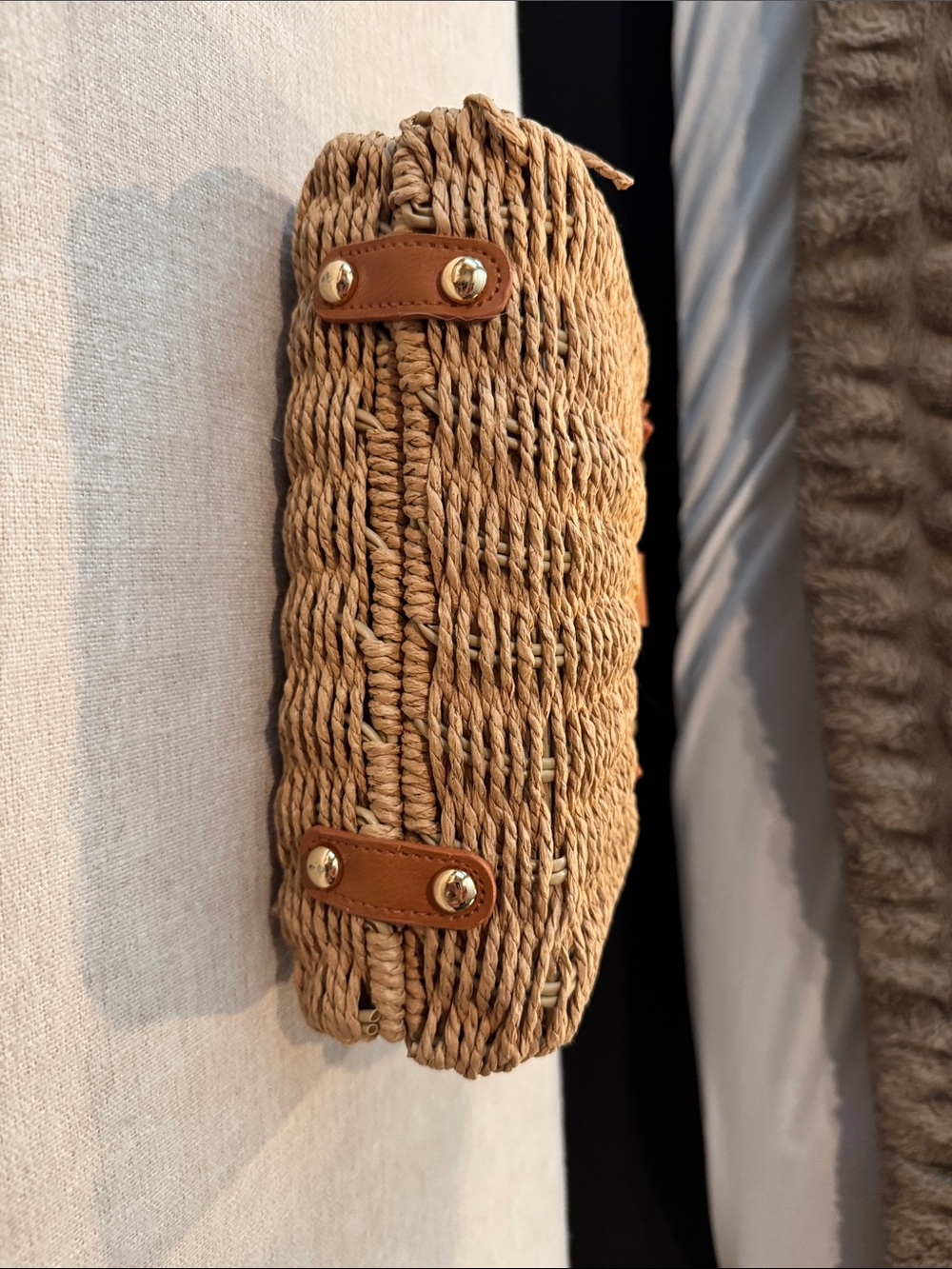 Woven Straw Tote Bag with Tan Leather Trim - Picture 5 of 5